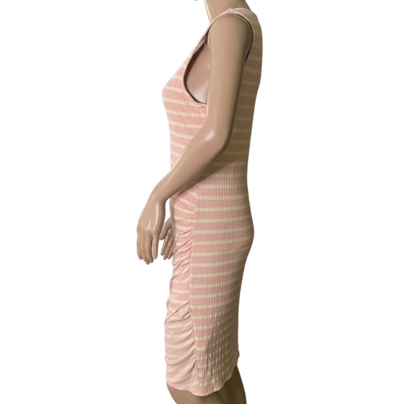 Kaleigh Peach & Cream Sleeveless Dress w Side Ruching & Crossover Front at Hem - Picture 7 of 14